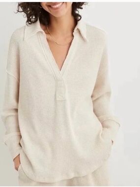 Aerie Lumberjane Waffle Polo Sweatershirt in Light Cream Size Small